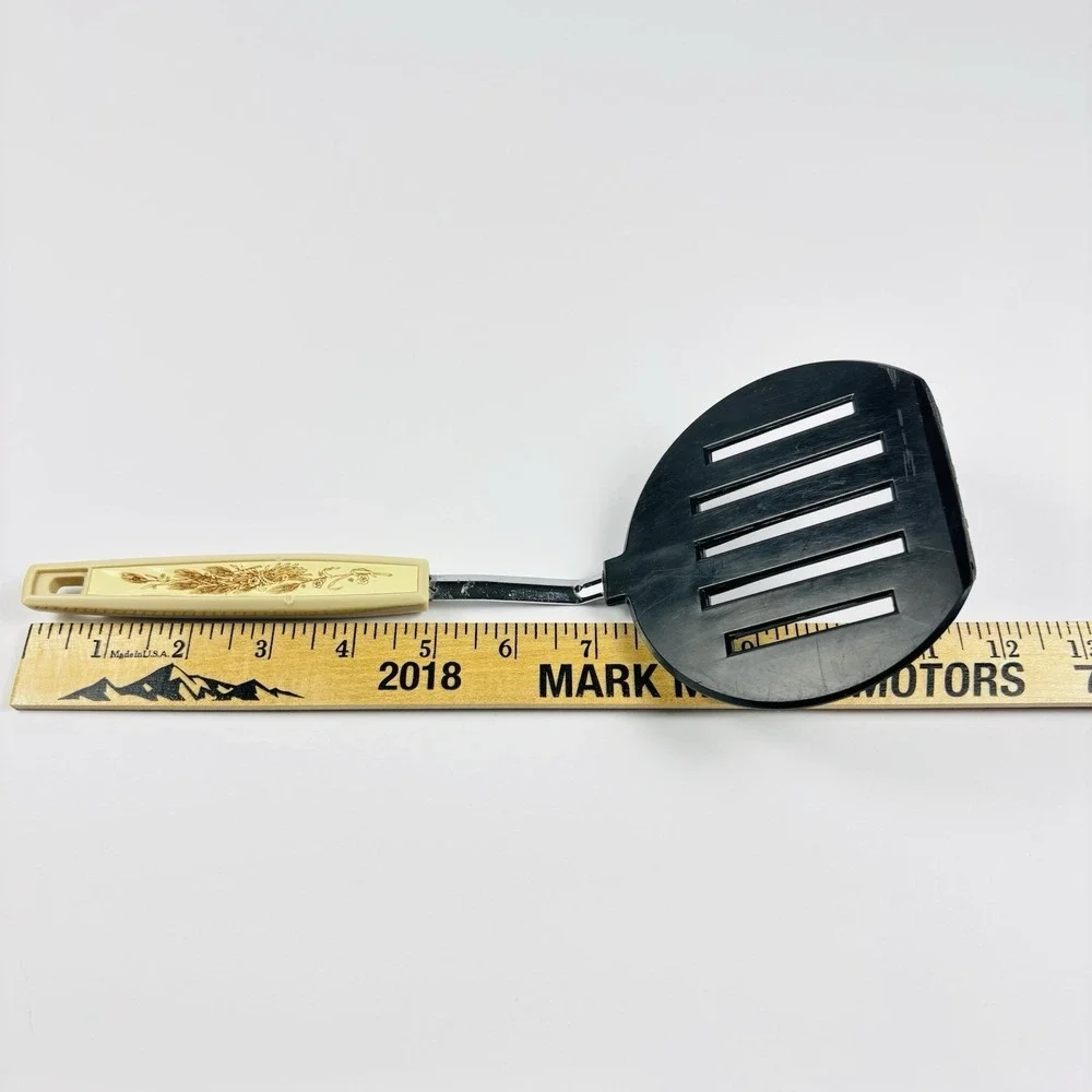 VTG Wide Slotted Spatula‎ By KOCO Japan Black Nylon Wheat Floral Graphics